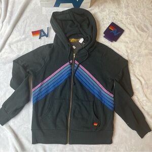 NWT Aviator Nation Mountain Stitch Chevron Zip  Hoodie Small Charcoal